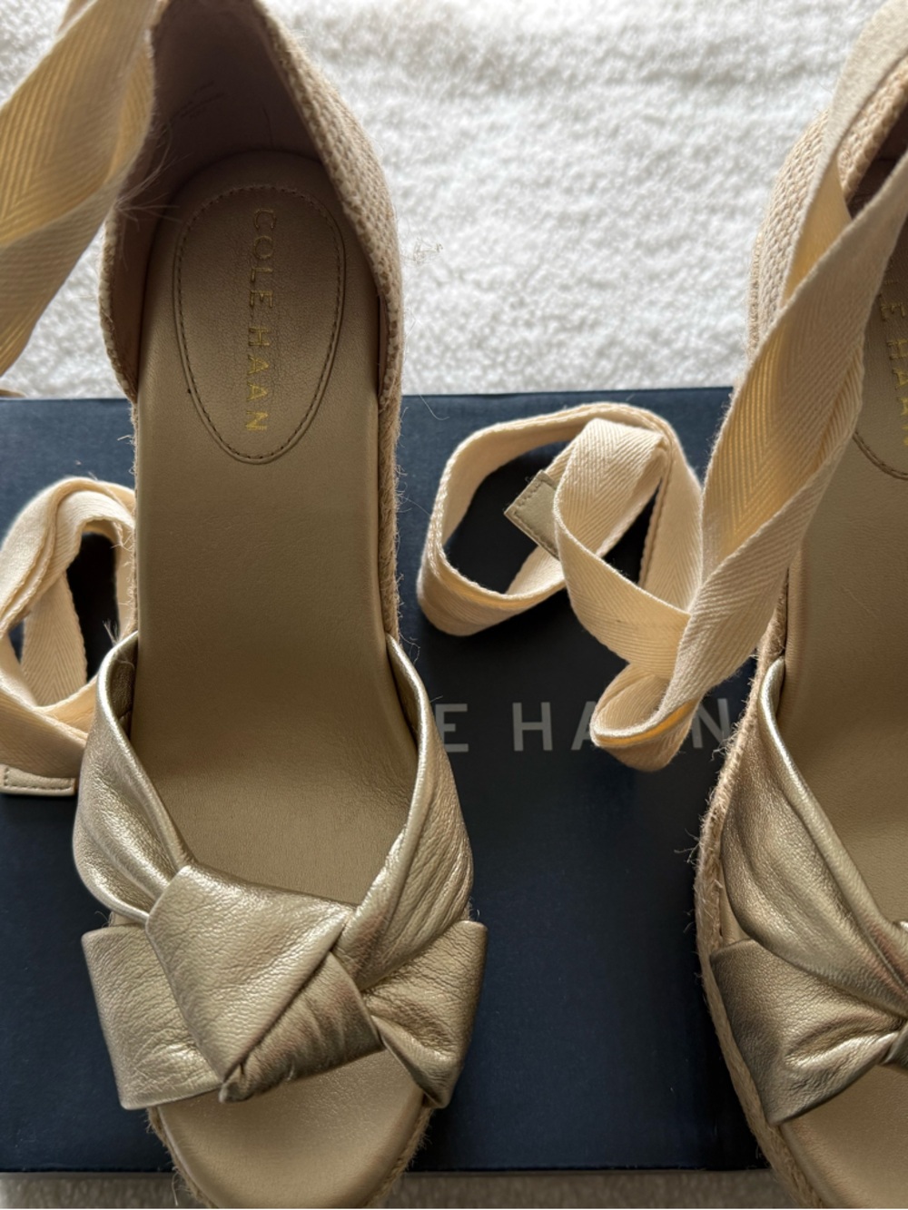 Cole Haan Hampton Soft Gold Espadrille Wedge Sandals with Wrap Tie size 7.5